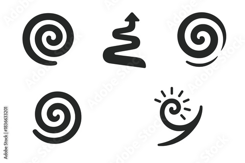 Icons of Philosophical Ascent. Solid style icons of philosophical ascent: spiral of knowledge, turning path of wisdom, swirling