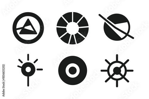 Optical Harmony Icons. Solid style icons of optical harmony: balanced prism ring, radiant color wheel, refractive core sphere,