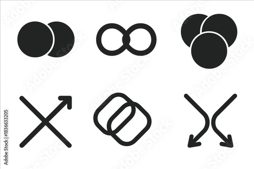 Interconnecting Concept Icons. Solid style icons of conceptual intersections: meeting idea circles, converging theory loops,