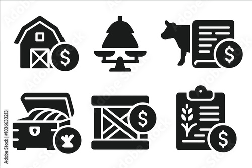 Agricultural Economics Icons. Solid style icons of agricultural economics: barn coin vault, haystack balance scale, livestock