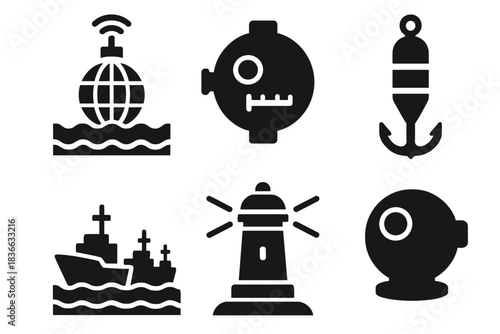 Ocean Exploration Icons. Solid style icons of ocean exploration: sonar buoy globe, undersea measure sphere, depth probe anchor,