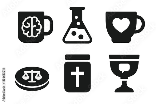 Philosophical Vessel Icons. Solid style icons of philosophical vessels: reason-filled mug, conviction flask, idealist’s cup,