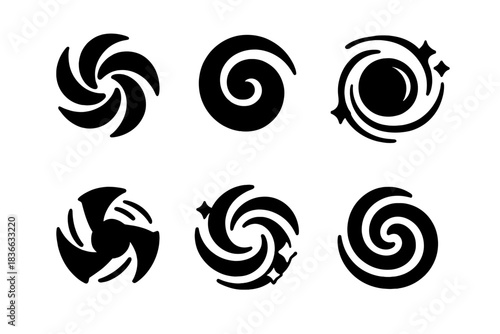 Dynamic Purge Icons. Solid style icons of motion purification: vortex figure icon, spiral expulsion disk, rotating cleansing orb,
