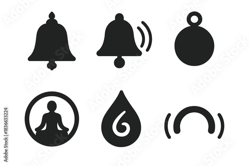 Spiritual Sound Icons. Solid style icons of spiritual sound: temple bell emblem, ritual chime curve, sacred tone pendant,