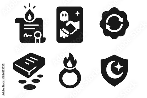 Metaphysical Icon Collection. Solid style icons of metaphysical offers: luminous shadow contract, spectral trade tablet, ephemeral