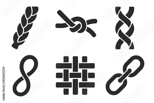 Cultural Connection Icons. Solid style icons of cultural connection: braided tradition lines, knotted idea cords, intertwined