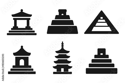 Spiritual Architecture Icons. Solid style icons of spiritual architecture: serene temple platform, calm ziggurat base, peaceful