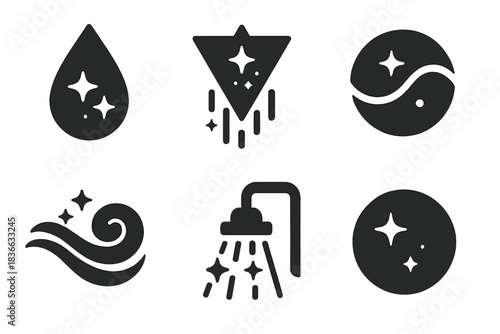 Metaphysical Cleansing Icons. Solid style icons of metaphysical cleansing: dissolving starlight drop, cosmic rain prism, astral