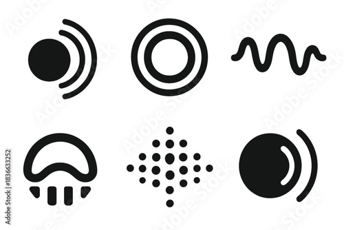 Sonic Abstraction Icons. Solid style icons of sonic abstraction: vibrating hollow sphere, tonal echo ring, harmonic wave gap,