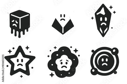 Cosmic Emotional Icons. Solid style icons of cosmic emotion: glowing grief cube, radiant mourning prism, ethereal sorrow crystal,