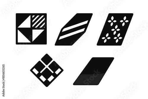 Artistic Geometry Icons. Solid style icons of artistic geometry: angled pattern tile, slanted design slab, inclined decorative