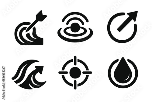 Symbolic Motion Icons. Solid style icons of symbolic clarity: targeted motion crest, focused energy ripple, guided fluid ring,