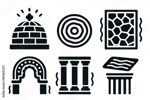 Architectural Harmony Icons. Solid style icons of architectural harmony: glowing tiled dome, patterned floor ripple, resonant wall