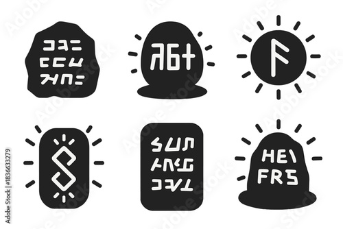 Ancient Inscription Icons. Solid style icons of ancient inscriptions: engraved light etching, radiant stone text, glowing rune