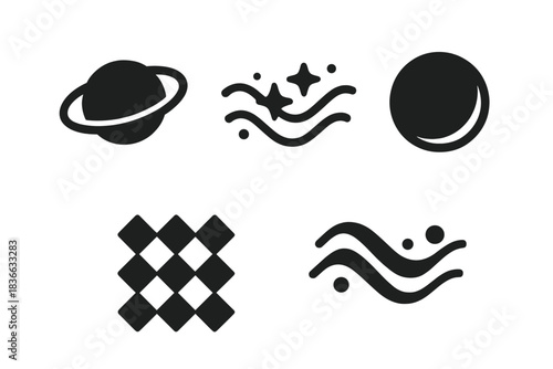 Cosmic Calm Icons. Solid style icons of cosmic calm: shadowed resonance field, dim starlight wave, dusk rhythm ring, deep-space