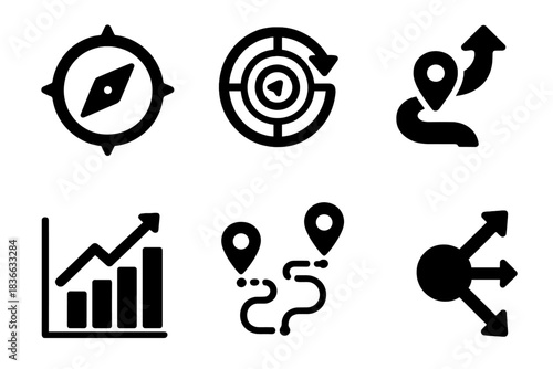 Innovative Travel Icons. Solid style icons of innovative travel: futuristic compass dial, rotating navigation core, shifting route