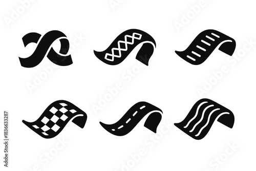 Artistic Motion Icons. Solid style icons of artistic motion: woven path ribbon, patterned journey band, textured route fabric,