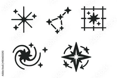 Cosmic Icons Collection. Solid style icons of cosmic orientation: radiant star map, glowing constellation lattice, shining astral