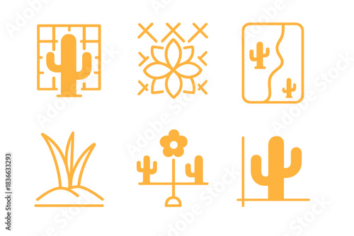 Geometric Desert Flora. Solid style icons of botanical geometry: glowing cactus grid, radiant succulent lattice, desert flora