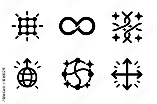 Radiant Unity Icons. Solid style icons of symbolic connection: radiant unity grid, glowing interlink pattern, luminous path weave,