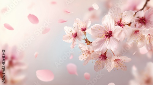 Delicate cherry blossoms sway gently as petals float softly through the air.