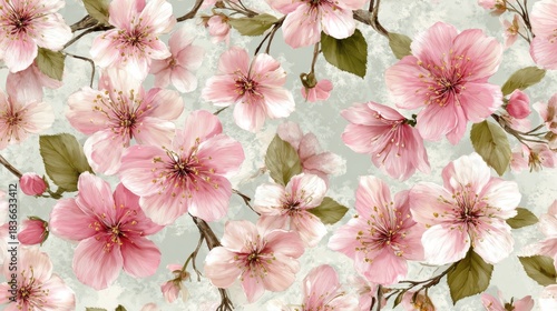 Delicate pink cherry blossoms fill the scene capturing the essence of spring in full bloom.