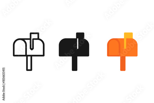 Minimal Mailbox Icons. three minimal vector icons of a rural mailbox with open lid and flag up, line outline style, solid glyph