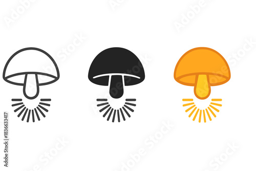 Mushroom Icon Designs. three minimal vector icons of a mushroom cap creating a circular spore print pattern, line outline style,