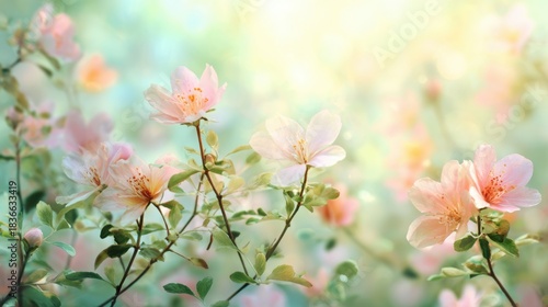 Soft pink flowers bloom beautifully basking in the sunlight amidst lush greenery.