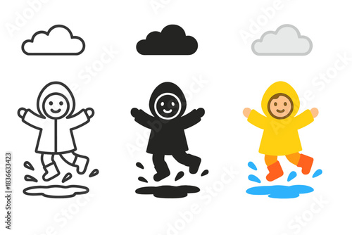 Child Jumping in Puddles. three minimal vector icons of a child in raincoat jumping in puddles on a cloudy day, line outline style