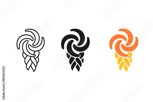 Vortex Flow Icons. three minimal vector icons of a vortex flow interlaced with filament threads in braid form, line outline style,