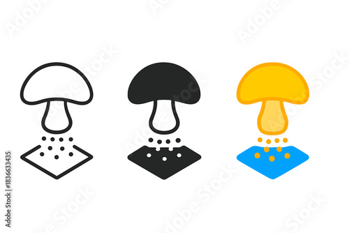 Mushroom Spore Icons. three minimal vector icons of a mushroom releasing spores onto a sheet to form print, line outline style,