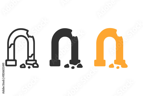 Abstract Memory Icons. three minimal vector icons of abstract memory fragments forming an incomplete monument, line outline style,