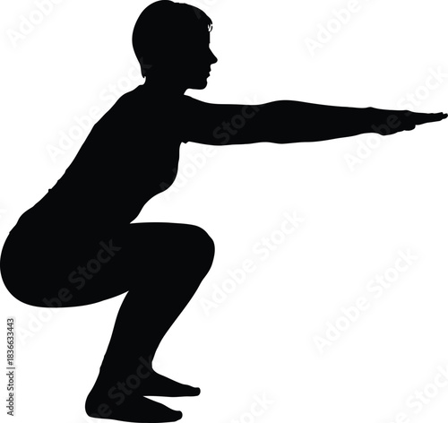 Silhouette of a woman performing a bodyweight squat exercise with arms extended forward