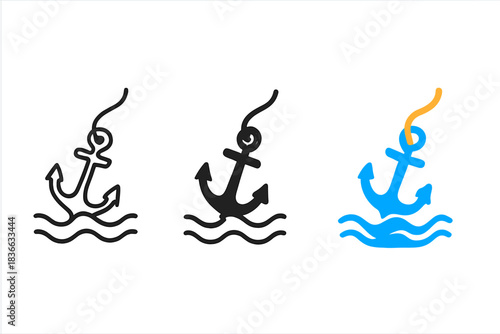 Sinking Anchor Icons. three minimal vector icons of a sea anchor connected by rope sinking into ocean waves, line outline style,