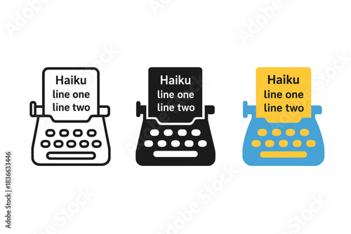 Haiku Typing Icons. three minimal vector icons of a mechanical device typing short poetic haiku lines, line outline style, solid