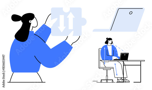 Workflow concept. Woman figuring out workflow solutions ed by puzzle piece and computer focus. Workflow enhancing productivity, remote work, business strategies, collaboration tools