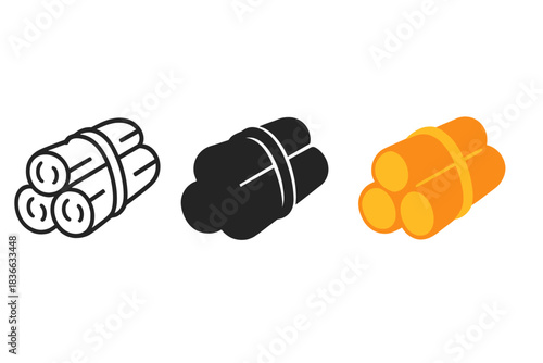 Firewood Icon Trio. three minimal vector icons of bundled firewood tied with rope in a compact stack, line outline style, solid