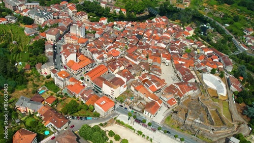 Aerial panorama view from the old town of the city Ribadavia on a sunny  summer afternoon in Spain