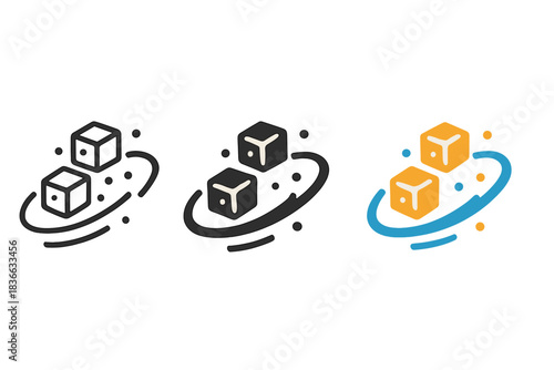 Sugar Cube Galaxy. three minimal vector icons of sugar cubes floating in space forming a tiny galaxy swirl, line outline style,
