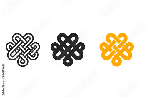 Stylish Cord Knots. three minimal vector icons of two intertwined cords forming a complex symmetrical knot, line outline style,