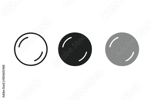 Hematite Stone Icons. three minimal vector icons of a round hematite mirror stone showing clear metallic reflection, line outline