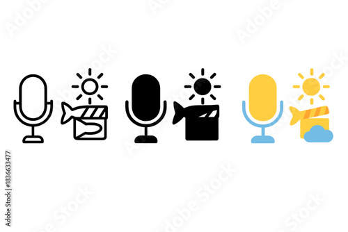Foley Art Icons. three minimal vector icons of sound creation tools symbolizing foley art predicting future scenes, line outline