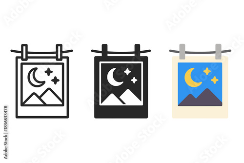 Cosmic Photo Icons. three minimal vector icons of a silver gelatin print merging darkroom photography with cosmic imagery, line