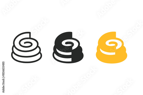 Narrative Development Icons. three minimal vector icons of layered spiral arcs showing phases of narrative development, line