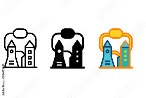 Futuristic Town Icons. three minimal vector icons of a futuristic town connected by pneumatic tubes symbolizing communication,