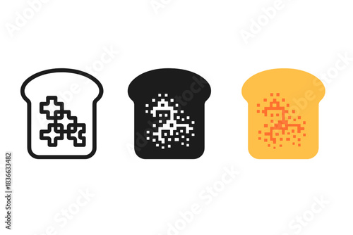 Fractal Bread Icons. three minimal vector icons of sliced bread revealing recursive fractal crumb texture, line outline style,