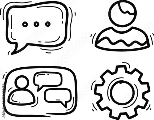 A set of four hand-drawn doodle icons on a single image a wobbly speech bubble with dots a crooked user avatar a rough group chat outline and an imperfect user settings gear