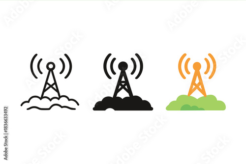 Radio Icons in Bog. three minimal vector icons of a radio transmitter rising from a misty peat bog landscape, line outline style,