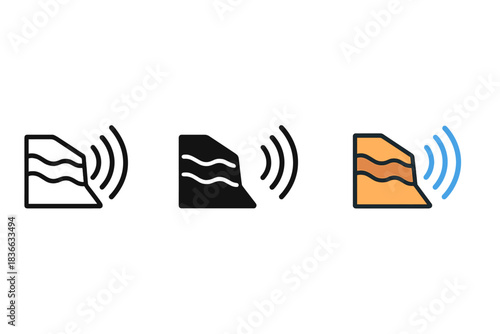 Layered Quarry Icons. three minimal vector icons of layered quarry walls with sound ripples bouncing through, line outline style,